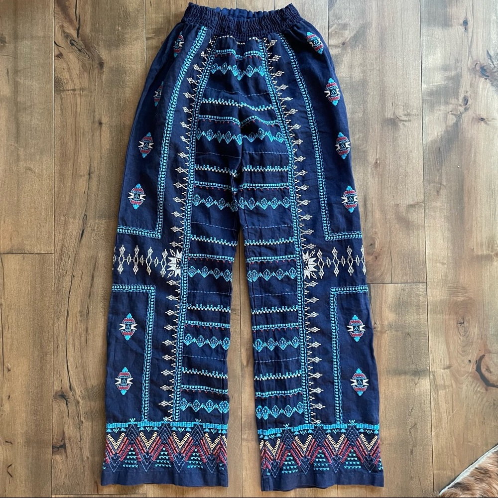 Johnny was blue embroidered wide leg pants